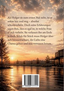 Text über Holger, der schockverliebt ist, aber die Frauen verlassen ihn. Hintergrund ist ein herbstlicher Sonnenuntergang.