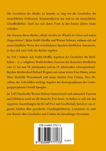 Ein gelber Hintergrund mit schwarzem Text beschreibt ein Buch über die Geschichte von Briefen. Ein Barcode ist am unteren Rand.