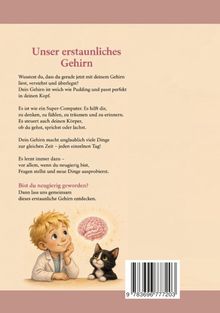 „Unser erstaunliches Gehirn“ steht oben. Darunter ein Text über die Fähigkeiten des Gehirns. Illustration: Kind, Katze, Gehirn.