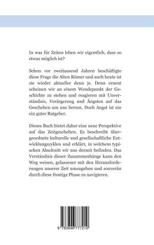 Ein Buchtext fragt, in welchen Zeiten wir leben. Es beschreibt kulturelle Zyklen und gibt Perspektiven für die Gegenwart. Darunter ein Barcode.