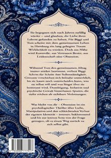 Ein längerer Text beschreibt eine leidenschaftliche, obsessive Liebesgeschichte, begleitet von blauen floralen Mustern.