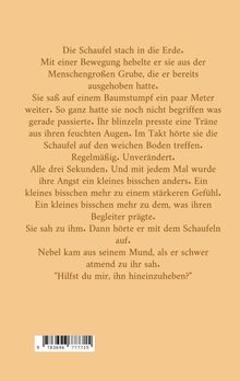 Ein Text beschreibt eine Szene mit einer Schaufel, einer Grube, einer Frau auf einem Baumstumpf und einem Mann, der fragt: "Hilfst du mir, ihn hineinzuheben?"