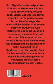 Text auf rotem Hintergrund: Über Joachim Harms' kreative Texte über menschliches Erleben. Preis: 15,00 €.