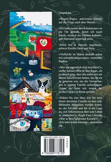 „Gespräche.“ Text überlegt mögliche Schutzlosigkeit in der Familie. Links eine bunte Illustration mit Tieren, Natur und Objekten.