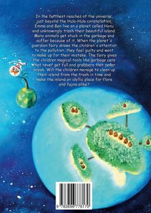 Text berichtet von Emma und Ben auf Honu, einer verschmutzten Insel. Illustration zeigt bunte Planeten und eine Figur im Weltraum.