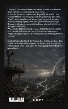 Text über Freiheit und Verantwortung in einer dystopischen Welt. Illustrierte Landschaft mit Ruinen, Dämmerung, Kuppelbau.