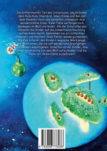 Text beschreibt die Geschichte von Emma und Ben, die eine Insel verschmutzen. Illustration von Inseln im Weltall.