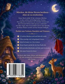 Texte: "Märchen, die kleine Herzen berühren – ohne sie zu erschrecken. Perfekt zum Vorlesen, Kuscheln und Träumen." Illustration: Ein Wald mit Eule, Hase, Frosch, Rehkitz unter einem sternenklaren Himmel.