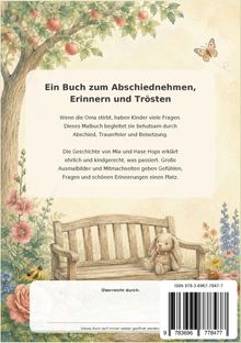 Ein Text über ein Buch zum Abschiednehmen, begleitet von Zeichnungen eines Apfelbaums, Blumen und einer Bank mit Kuscheltier.