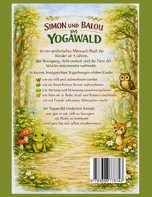 "Simon und Balou im Yogawald" ist ein Mitmach-Buch für Kinder ab 4 Jahren. Illustration mit Eule, Frosch und Rehkitz im Wald.