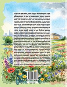 Ein Text beschreibt globale Konflikte, Kriege, Korruption und Inflation. Darunter eine bunte Wiese mit Blumen und ein modernes Gebäude.