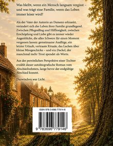 Ein Weg mit Bäumen, beleuchtet von warmem Licht. Rechts Text über Familienthemen und Demenz. ISBN unten mittig.