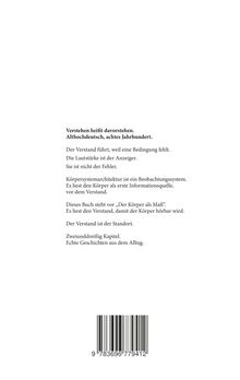 Text über Verstand, Bedingung, Körpersystemarchitektur. 32 Kapitel, echte Alltagsgeschichten. Strichcode unten.
