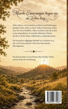 Text: "Manche Erinnerungen tragen uns ein Leben lang." Landschaft: Bach, Hügel, Kreuz im Sonnenuntergang.