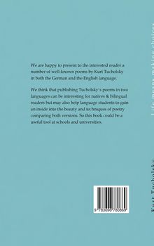 Text: Vorstellung von Gedichten Tucholskys auf Deutsch & Englisch; nützlich für Sprachstudenten.
Hintergrund: Blau; Barcode.