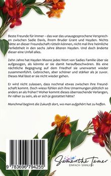 Texte über Freundschaft, Verlust und neue Anfänge. Bunte Blumen am Rand, ein Barcode, und eine Signatur unten.