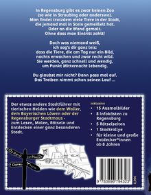 Ein Text beschreibt eine Stadt, in der Tiere an Wänden und in Stein zum Leben erwachen. Illustration mit Wegweisern.