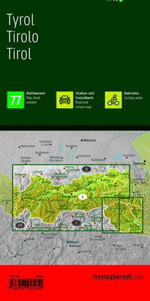 Titel: "Tyrol Tirolo Tirol". Kartennummer: 77. Straßen- und Freizeitkarte. Radrouten. Grün hinterlegte Karte mit Städtenamen.