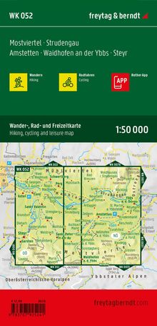 Text: "WK 052", "freytag & berndt", "Mostviertel", "Strudengau", "Amstetten", "Waidhofen an der Ybbs", "Steyr". Wander-, Rad- und Freizeitkarte.