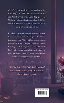 Text: CLAIRE, eine unsichere Buchhalterin, trifft Nathan, einen Callboy. Anziehung, Geheimnisse und die Frage nach Vergebung.  

Illustration: Stadtansicht bei Nacht, Kaffeetasse, Blütenblätter.