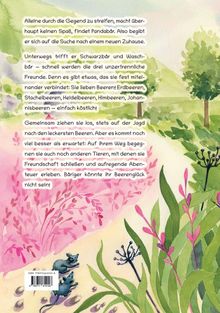 Text beschreibt Pandabär auf der Suche nach Freunden, findet Schwarzbär und Waschbär. Aquarell mit Bäumen und Blumen.