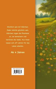 Text auf orangefarbenem Hintergrund: "Glücklich sein mit Märchen..." Illustration einer blühenden Sommerwiese.