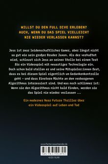Text in leuchtendem Gelb fragt, ob du ein Full Dive Erlebnis willst. Darunter Weißtext: Geschichte von Jess im Videospiel. Weblink und ISBN. Schwarzer Hintergrund.