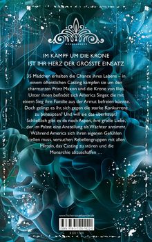 Text: "Im Kampf um die Krone ist ihr Herz der größte Einsatz..." Hintergrund: blaue, ornamentale Muster.