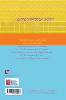 "Lautschriften 2025" steht über einem gelben Muster. Unten Text über ein Schulprojekt und Logos von Organisationen.
