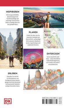 Logo DK und ISBN. Textabschnitte: Inspirieren, Planen, Entdecken, Erleben. Fotos von Budapest und eine architektonische Illustration.