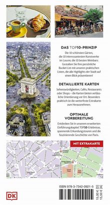 "Das Top10-Prinzip", "Detaillierte Karten", "Optimale Vorbereitung". Fotos von Croissant mit Kaffee, Cafe-Szene, Arc de Triomphe, Karte.