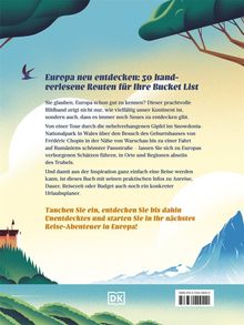 "Europa neu entdecken: 50 handverlesene Routen" steht oben. Naturillustration mit Bergen, See, Bäumen und einem Vogel.
