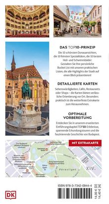 "DAS TOP10-PRINZIP", Vorstellungen zu Sehenswürdigkeiten in Budapest. Bilder: Opernhaus, bunte Straße, Kirche, Kartenausschnitt.