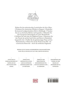 Oben steht ein Text zu schottischen Erlebnissen und Sehenswürdigkeiten. Unten gibt es eine Reihe von Eigenschaften der Reiseführer. Ganz unten ist ein rotes DK-Logo. Oben ist eine kleine Zeichnung eines Segelbootes.