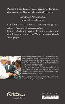 Buchrückseite mit Text über Floribert Bwana Chui, einem jungen christlichen Aktivisten aus dem Kongo, der gegen Korruption kämpft.