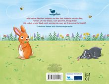 Oben steht: „Alle meine Häschen hoppeln um den See... Fröhliche Reime mit Ohrwurmgarantie.“ Darunter ein Hase, Wiese, Biene.