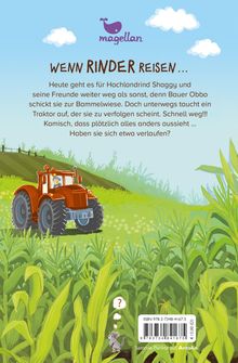 Titel: "WENN RINDER REISEN". Beschreibung: Eine rote Traktor-Illustration fährt durch hohes Gras, im Hintergrund Hügel und Wolken.