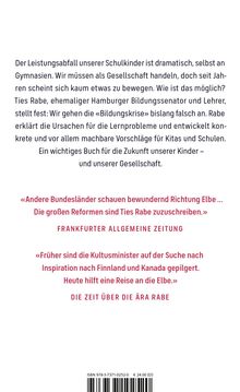 Ein Text beschreibt die Bildungsproblematik in Deutschland. Zitate loben Reformen von Ties Rabe. ISBN und Preis unten.