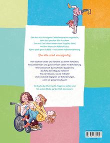 Texte: Geschichten von Kindern mit Behinderungen. Illustration: Kind im Handstand, Familie in Rollstuhl, bunte Quadrate.