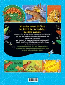 "Was wäre, wenn die Tiere der Urzeit aus ihrem Leben plaudern würden?" Darüber sind bunte Illustrationen von Dinosauriern.
