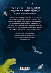 Text: "Papa, wie entstand eigentlich das Leben auf unserer Erde?", Plus Beschreibung des Abenteuers durch die Vulkaneifel. Oben eine kleine Maus mit Helm, unten ein Dinosaurier, eine Libelle und ein Fossil auf dunklem Hintergrund mit Sternen.
