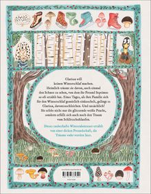 Clarissa will keinen Winterschlaf machen. Illustration mit Bäumen, Pilzen, Tieren und winterlichen Accessoires.