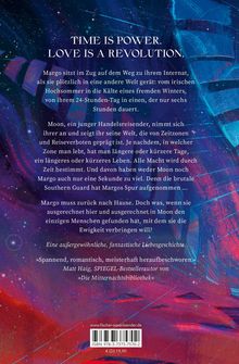 Oben steht: "TIME IS POWER. LOVE IS A REVOLUTION." Darunter eine Beschreibung über Margo und Moon in einer fantastischen Welt. Im Hintergrund ein kosmisches Motiv mit roten und blauen Tönen.