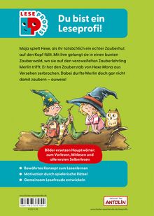 "Du bist ein Leseprofi!" Zwei Kinder in Zauberhüten; ein Junge hält einen beschädigten Stab, mit Eule, auf grünem Hintergrund.