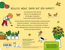 Titel: "BEGLEITE MÖWE EMMA AUF DEN MARKT!" Text beschreibt einen Marktbesuch mit der Möwe Emma. Illustration mit Blumen.
