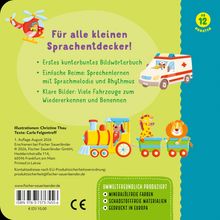 „Für alle kleinen Sprachentdecker!“ Erstes Bildwörterbuch. Bunte Illustration mit einem Spielzeugzug und Fahrzeugen.