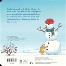 Text: "Draußen ist es still, sanft fällt der Schnee – der Winter ist da." Illustration: Schneemann mit rotem Topf und Hase.