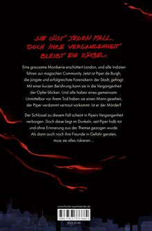 "SIE LÖST JEDEN FALL, DOCH IHRE VERGANGENHEIT BLEIBT EIN RÄTSEL." Text über eine Mordserie in London, fesselnd und mysteriös. Reduzierte Farbpalette mit roten Akzenten.