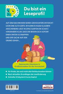 Du bist ein Leseprofi! Spannendes Abenteuer in Großbuchstaben für die Vorschulzeit. Kind mit älterer Person und Schatztruhe.