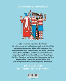 Der ultimative Wimmelspaß! Illustration von Figuren in rot-weiß gestreiften Shirts. Text beschreibt Walter und seine Freunde.